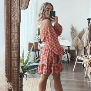 NWT MINKPINK Rust Gingham Off the Shoulder Mini Dress XSMALL